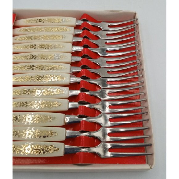 Little Fork Set 12 Piece Stainless Steel Ornate Gold Floral Handles Vintage 4 In - Picture 8 of 16